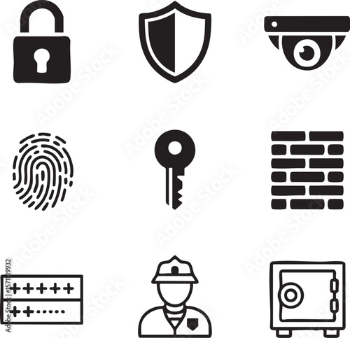 Security elements icon set representing protection privacy and authentication featuring padlock shield surveillance camera fingerprint key brick wall password safe and security guard