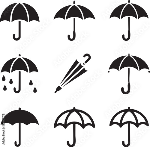 Umbrella black silhouette icon set depicting protection rain symbol weather concept variety of shapes and positions