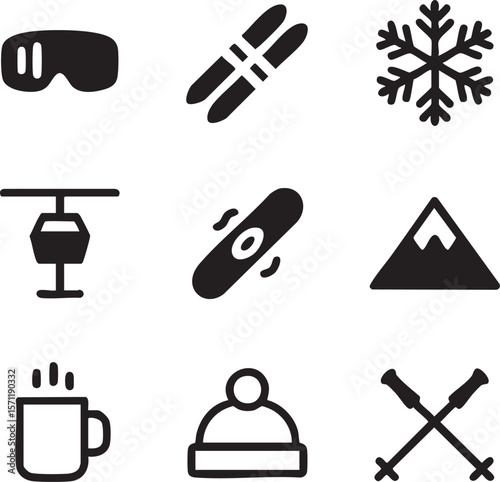 Winter sports and activities black icon set featuring skiing snowboarding hot drink and mountain peak isolated