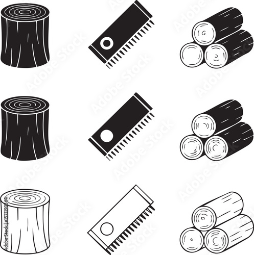 Woodworking black and white icon set featuring log stumps hand saws and stacked lumber vector illustration graphic design resource