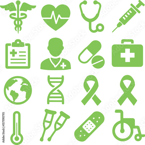 Medical Line Icon Set contains Stethoscope, Ambulance, Nurse, Doctor, Syringe, Serum, First Aid Kit and so on icons