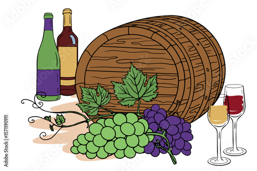 Rustic wooden barrel graces a harvest scene with lush green and purple grapes, wine bottles and two filled glasses for celebrating vintage flavors and vineyard traditions