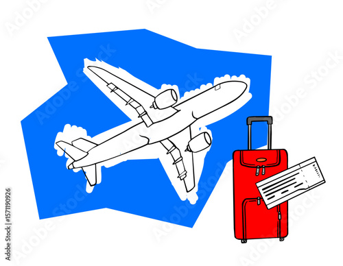 White airplane silhouette against a bold blue shape, accompanied by a vibrant red suitcase and a flight ticket, symbolizing travel, adventure, and journey possibilities