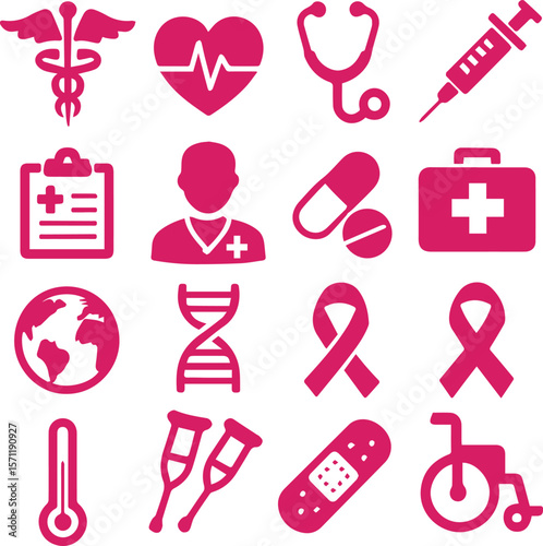 Medical Line Icon Set contains Stethoscope, Ambulance, Nurse, Doctor, Syringe, Serum, First Aid Kit and so on icons