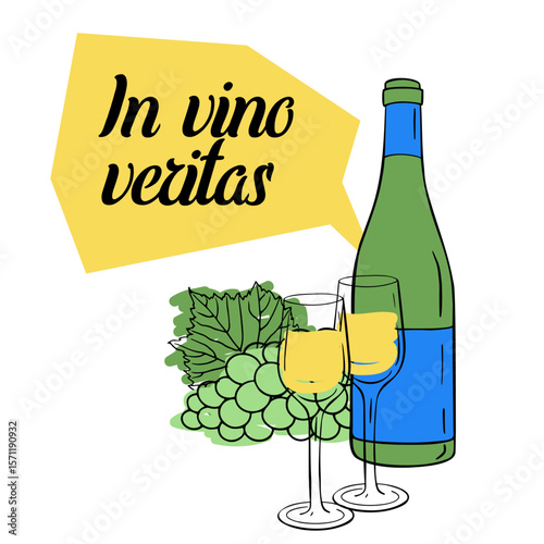 illustration of a wine bottle, two glasses of white wine, green grapes and leaf, with a yellow speech bubble reading “In vino veritas”. Modern style art