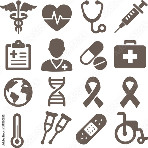 Medical Line Icon Set contains Stethoscope, Ambulance, Nurse, Doctor, Syringe, Serum, First Aid Kit and so on icons