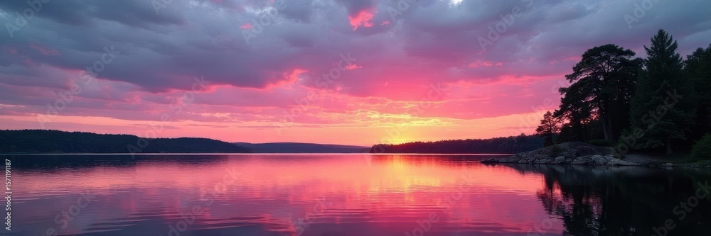 Naklejka premium Serene Michigan sunset Pink & grey clouds reflect on calm lake water, silhouetted trees , sunset glow, autumn, fauna