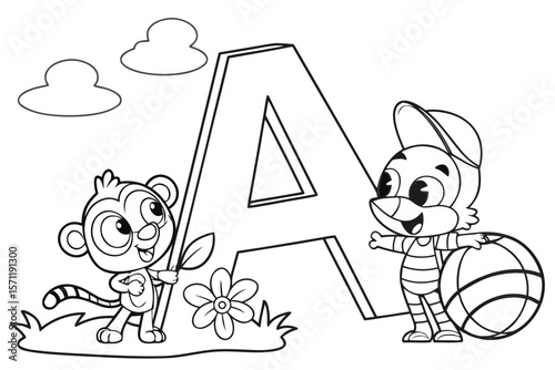 Vector line art of the alphabet A with fun cartoon characters, black and white, designed for coloring page use, easy for preschool kids