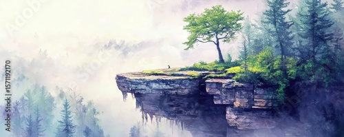 A solitary tree stands on a rugged cliff surrounded by misty forest and distant mountains, evoking a serene and mystical atmosphere.