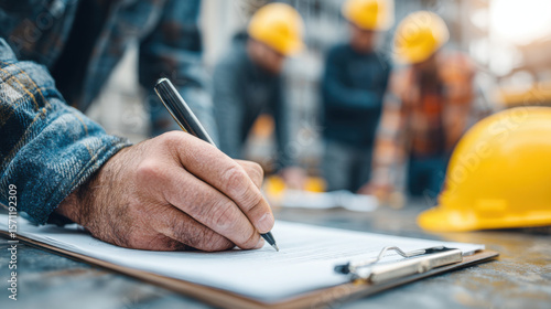 A construction supervisor meticulously reviews documents with a pen, wea safety gear while his team works in the background on a building project site today.