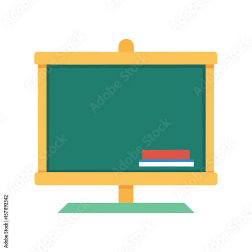 Flat design illustration of a green chalkboard with a yellow frame and a chalk eraser