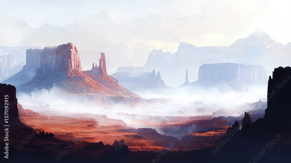 Fototapeta premium Vast desert landscape with towering red rock formations and misty valleys under a soft, pale sky.