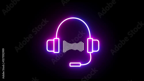 Neon music audio waveform spectrum with microphone sign animation. Video footage of audio visualizer beat sound frequency on black background.