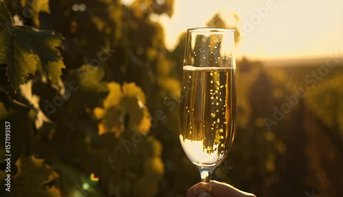 Sparkling wine glass held against sunset in vineyard