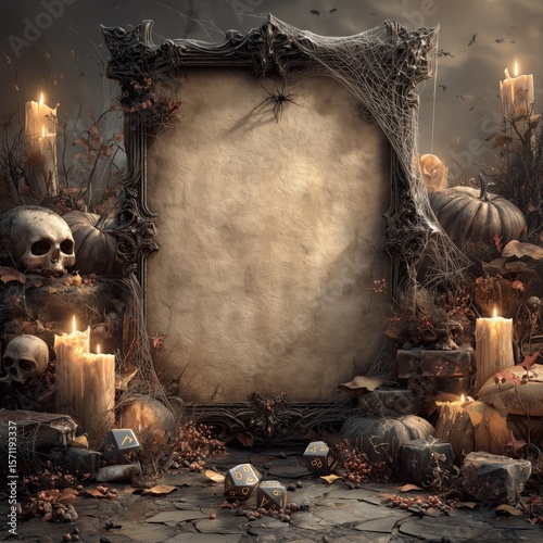 Gothic RPG Character Sheet Frame with Skulls, Dice, and Halloween Decor