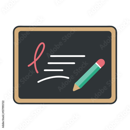 Stylized illustration of a blackboard with a pencil and writing