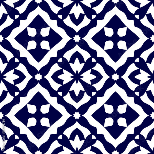 Seamless Moroccan tile pattern in cobalt blue paper cut vector style