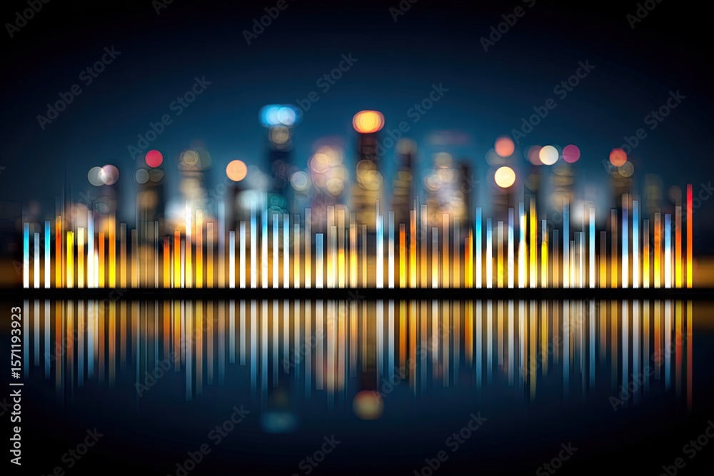Night city skyline with audio equalizer. Blurred cityscape at night, reflected on dark water. Vertical colorful bars represent audio waves, overlaid on the skyline Night city skyline with audio equalizer. Blurred cityscape at night, reflected on dark water. Vertical colorful bars represent audio waves, overlaid on the skyline