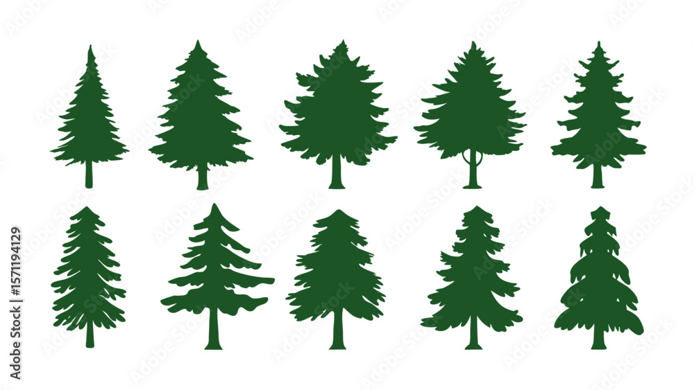 Obraz premium A row of evergreen tree silhouettes in various sizes