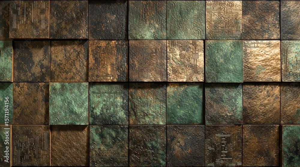 Aged bronze and oxidized copper tiles arranged in a square grid pattern. Weathered metallic surface with green patina and brown tones, rustic luxury background, textured for design or animation.