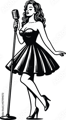 Woman singer vector black silhouette print design