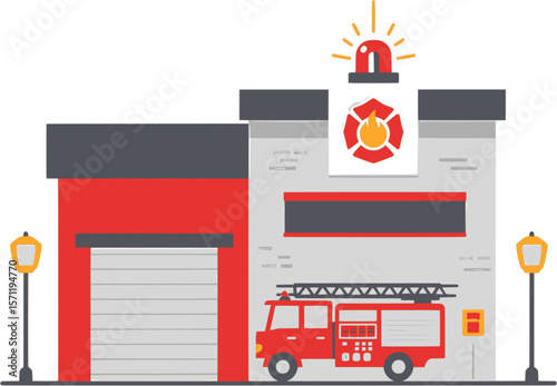 This is a flat-style illustration of a red fire station building with a fire truck parked in front.