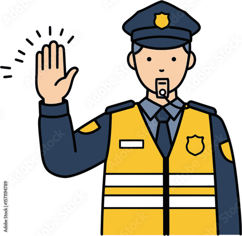 An illustration of a traffic police officer wearing a yellow vest, blowing a whistle, and raising a hand to signal stop

