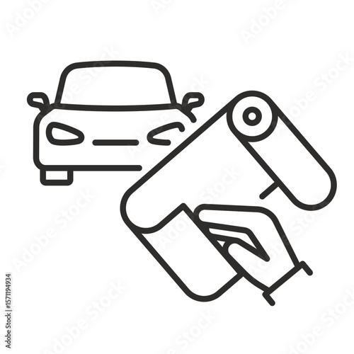 Car with sticking film. Linear vector illustration. Process of applying protective film for car icon. Work of application of a armor layer. Auto protect. Paint protection automobile. Simple symbols.