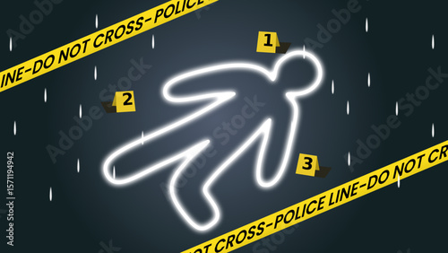 
Graphic illustration of a crime scene with a chalk silhouette, police line tape, and evidence marker numbers, symbolizing investigation, forensic analysis, and mystery in crime scenarios.