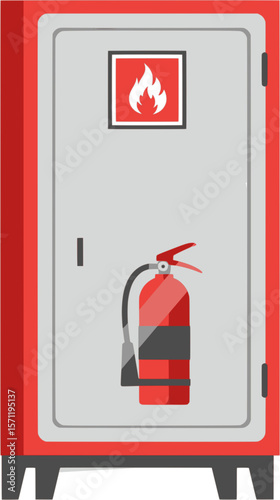 An illustration of a fire extinguisher cabinet with a glass door and a fire warning sign displayed on the top

