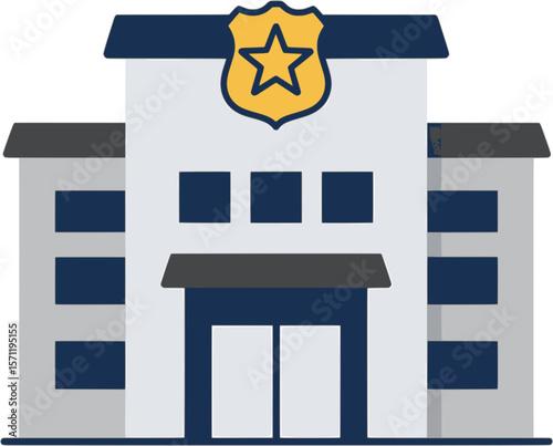 An illustration of a police station building with a shield and star badge symbol on top

