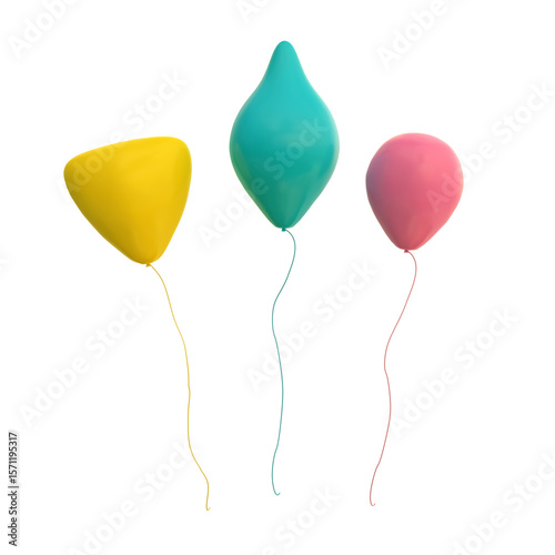Yellow, cyan, and pink balloons with long strings floating against a transparent background, each balloon having a different shape and smooth glossy surface.