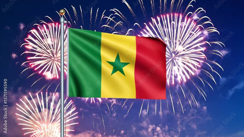 National flag independence state Senegal, background fireworks. AI Generative