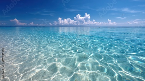 Crystal-clear turquoise water meets a bright blue sky