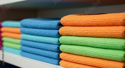 Colorful microfiber cleaning cloths stacked neatly on a white shelf