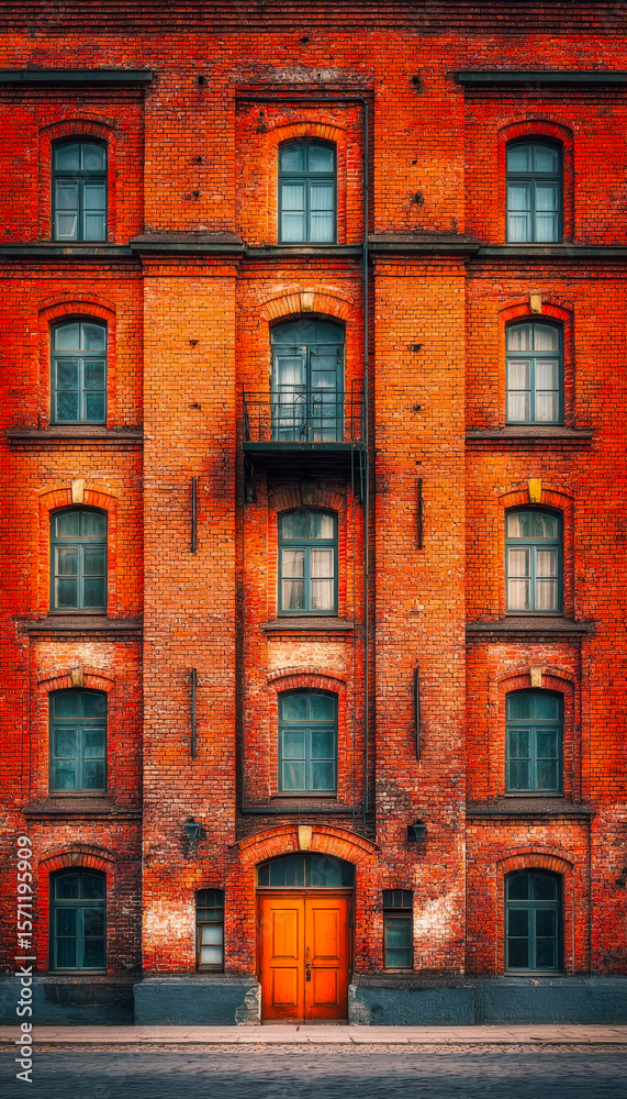Obraz premium Historic red brick building with vibrant orange door and classic windows