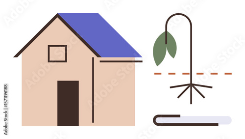 House with blue roof alongside drooping plant and dashed line indicating division. Ideal for sustainability, growth, environment, drought, housing, challenges, or resilience. Simple flat metaphor