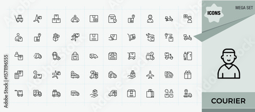 Courier icon set. Includes symbols for delivery, car, ship, shipping and more. Shipment icon set. Minimalist editable vector stroke. Editable vector.