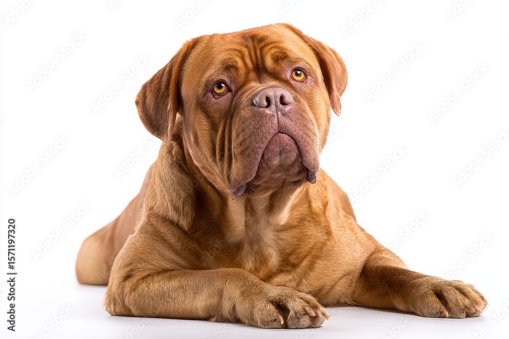 2 5 year old Dogue de Bordeaux posed against a white backdrop 2 5 year old Dogue de Bordeaux posed against a white backdrop
