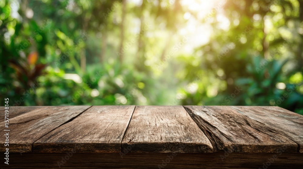 Rustic wooden table in a lush jungle setting Rustic wooden table in a lush jungle setting