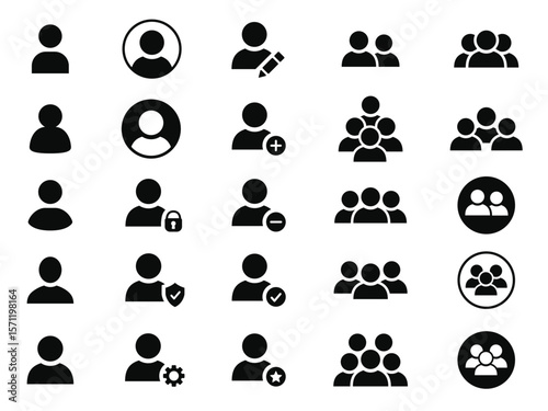 User icons. Users and group icons individual profiles, team symbols, add new and remove buttons, settings and privacy, admin controls for app avatar, UX. Flat UI vector elements