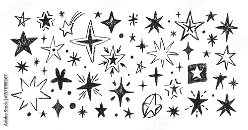 Doodle chalk stars. Hand drawn black sketch stars, sparkles, shining bursts with grunge charcoal texture. Pencil comets and meteors. Childlike messy ink doodles. Isolated vector set