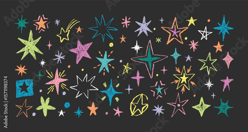 Crayon stars. Colorful pencil hand drawn sparkles, bursts with chalk crayon texture on dark background. Comet, meteor cosmic icons. Kids scribble, Christmas doodle decoration. Vector isolated set