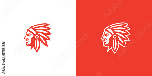 Native American tribal face silhouette vector logo with feather headdress, generative ai