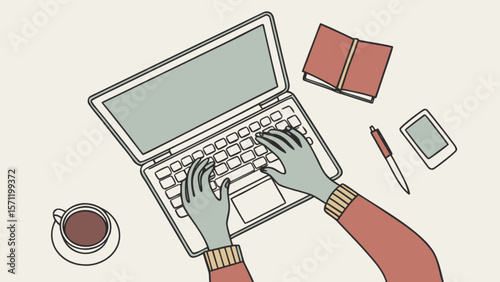 Typing on laptop working from home office desk with notebook and coffee illustration for blog and article