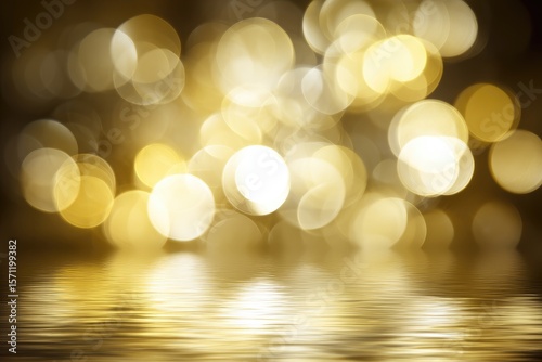 Golden bokeh lights reflected on water