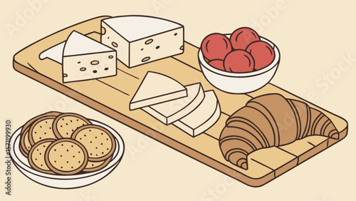Delicious charcuterie board with cheese, crackers, croissant, and fruit for party and appetizer 100
