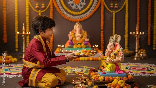 Young boy in traditional clothing offers sweets to Ganesh idol during festive puja with vibrant decorations in the background