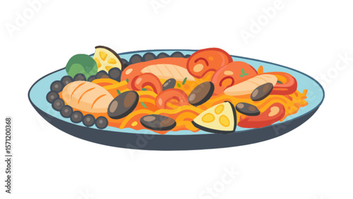 Delicious paella seafood dish with rice and vegetables recipe for spanish cuisine lovers and foodies alike