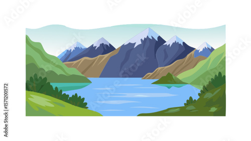 Mountain lake landscape vector illustration for nature background and outdoor scenic view design element